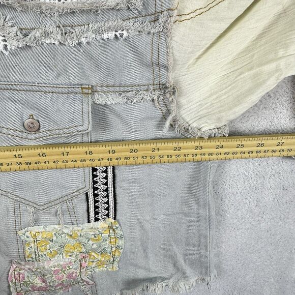 POL Patchwork Lace Denim Distressed Boho Jacket Chic Cottagecore Oversized Large - Picture 8 of 9